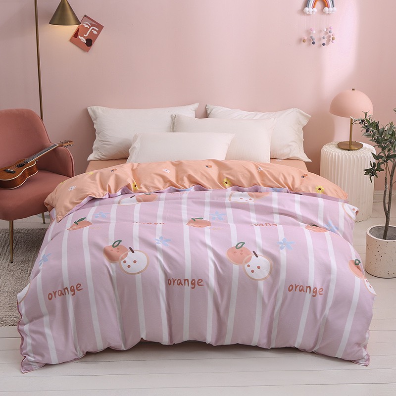 Trọn Bộ 4 Món Chăn Ga Gối Cotton Poly Nhập Mẫu ORANGE KẺ CAM  Phong Cách Hàn Quốc