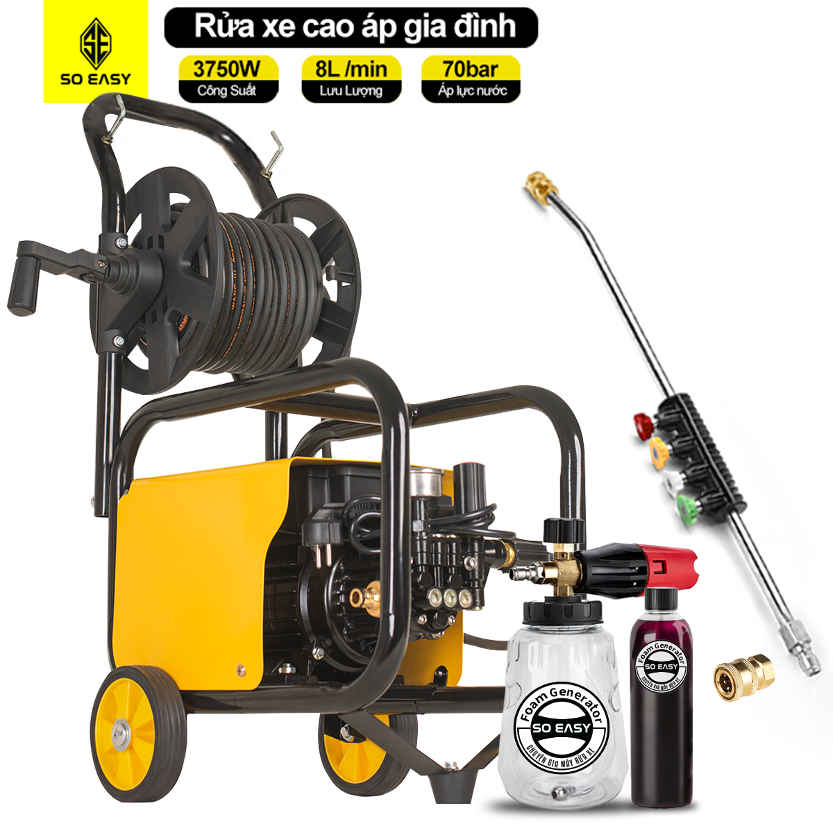 Máy rửa xe lõi đồng cảm ứng từ áp lực cao gia đình có rulo quấn dây, chỉnh áp, SOEASY 3750W SE011Y ,may rua xe áp lực cao chống nước, chống giật, máy xịt rửa xe áp lực cao ,dây cao áp dài 15m, dễ dàng sử dụng