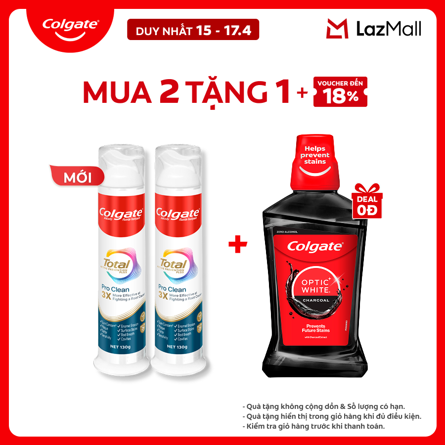 [Chỉ 15-17.4_X2 Voucher giảm đến 18%] [MỚI] Kem đánh răng Colgate vòi nhấn thông minh Total Pro Clean, khóa chân không hạn chế tiếp xúc vi khuẩn 130g/ ống