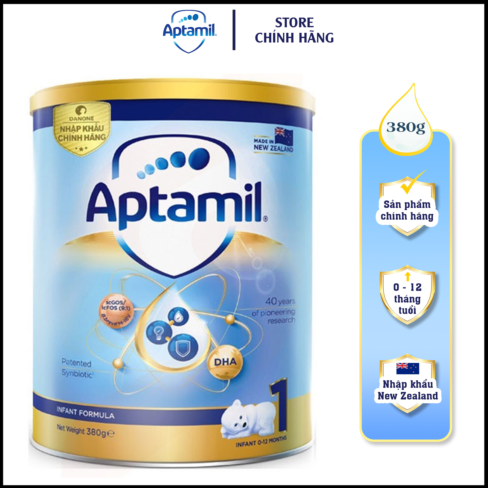 Sữa bột Aptamil New Zealand hộp thiếc số 1 380g cho bé 0 - 12 Tháng
