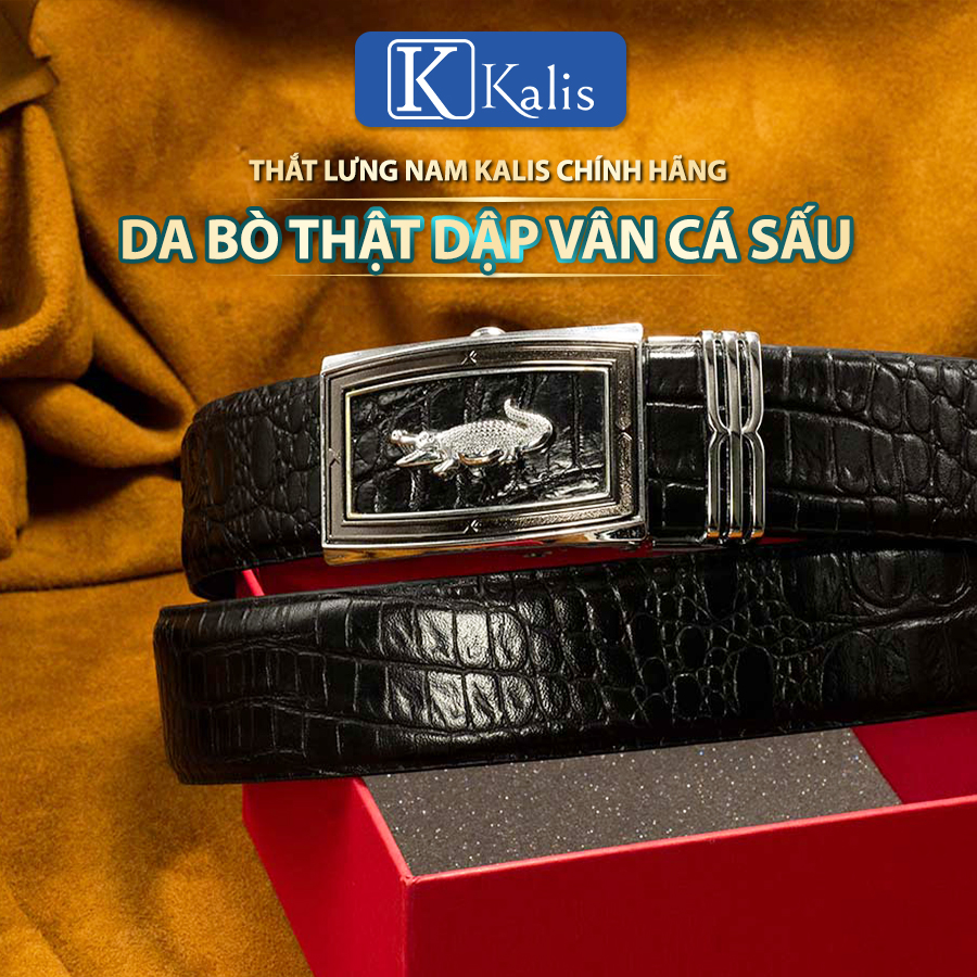Thắt lưng da bò dập vân cá sấu vân bụng cao cấp KALIS chính hãng Full hộp dây nịt thắt lưng da nam cá sấu thật cao cấp hàng hiệu