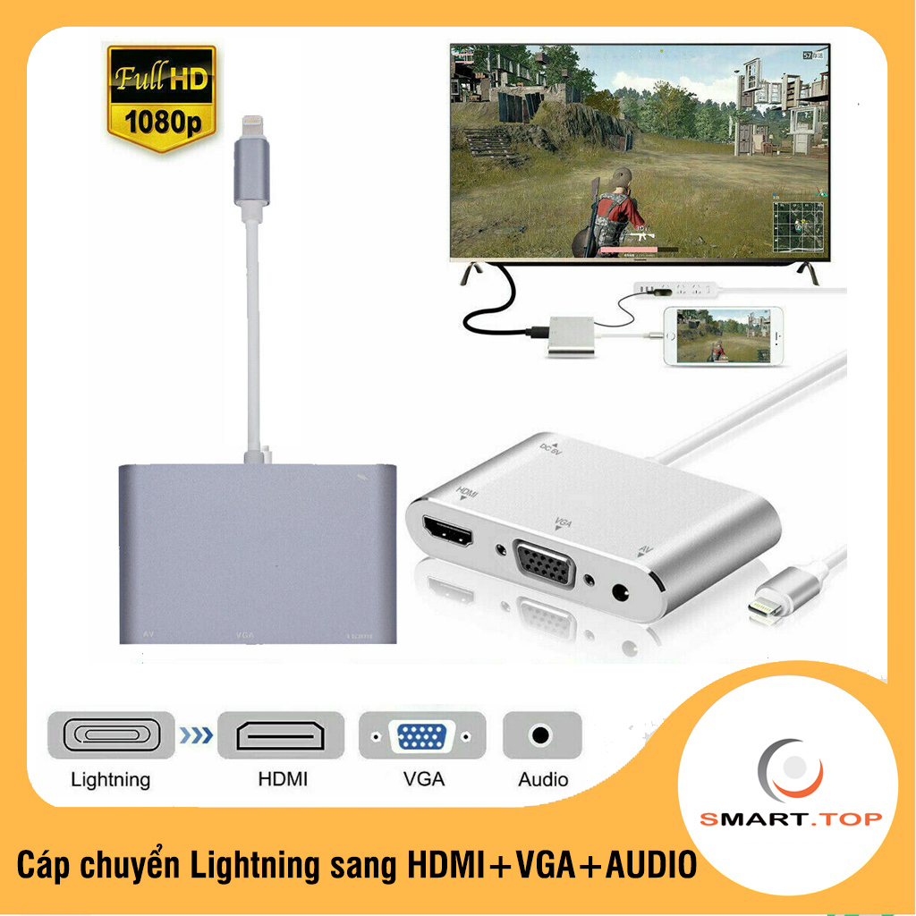 ⚡️1 đổi 1⚡️ Bộ Cáp chuyển đổi Lightning to HDMI+VGA có cổng tín hiệu âm thanh cho Iphone ipad Cao cấp, không cần cài đặt