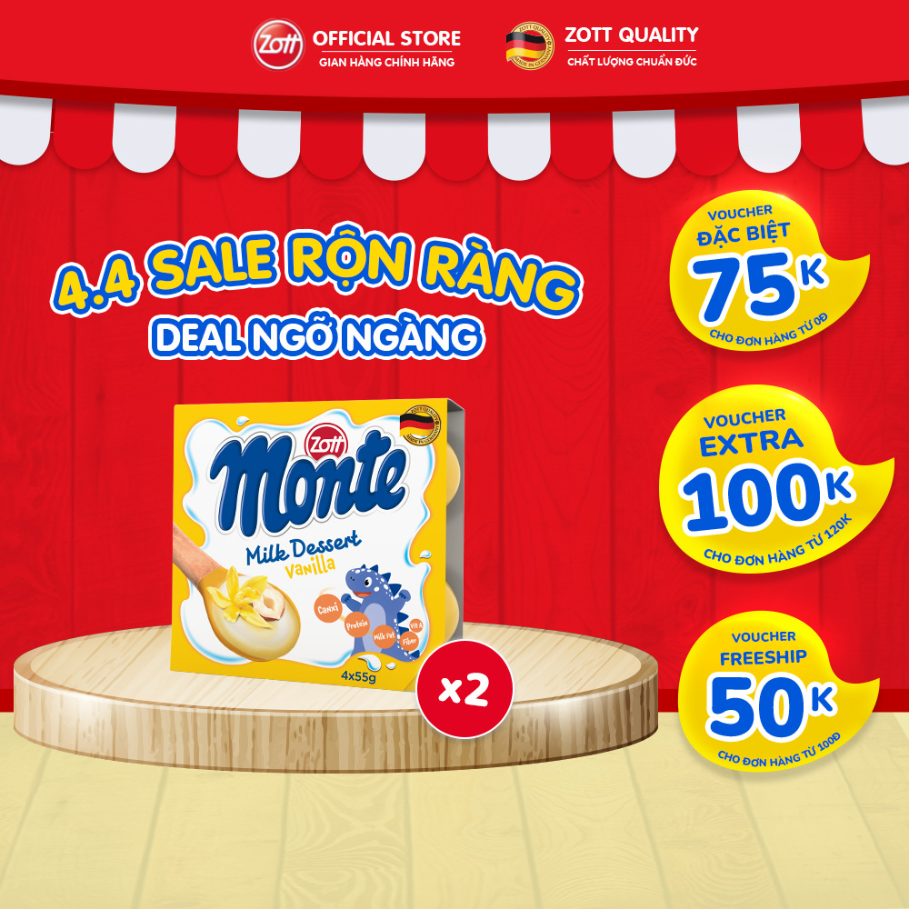 Giao Hoả tốc - COMBO 2 vỉ Váng sữa Zott Monte vị Vani nhập khẩu từ ĐỨC (vỉ - 55g x 4 hũ) từ Sữa tươi, KHÔNG chất bảo quản