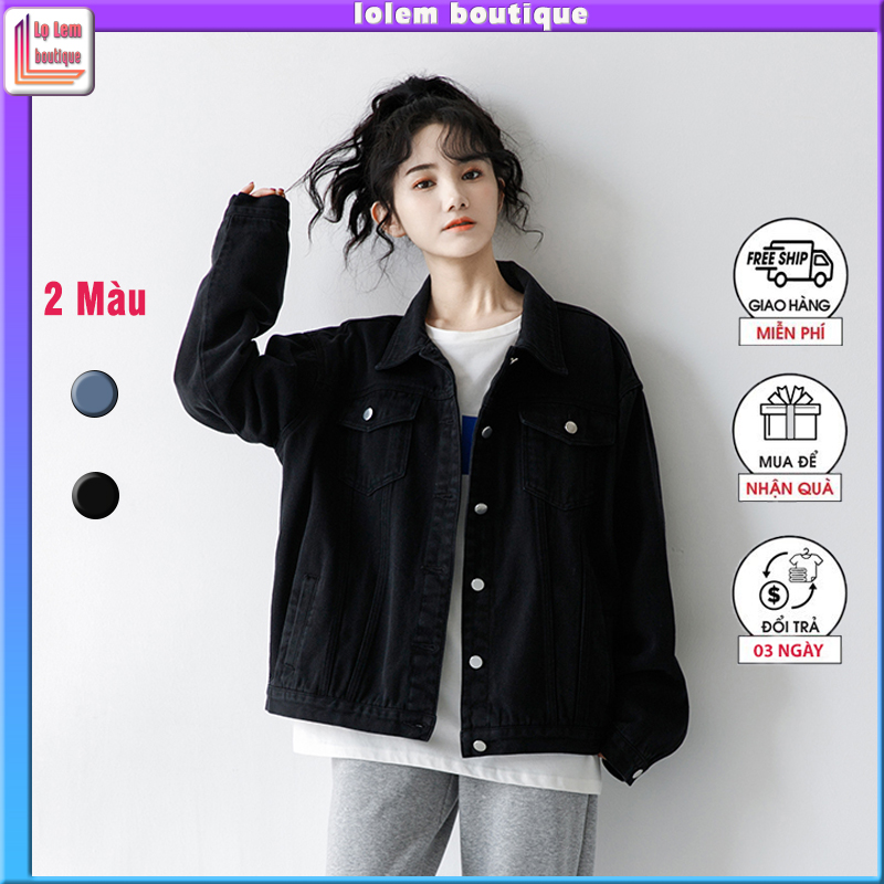 Áo khoác jean Nữ form rộng chống nắng đẹp cao cấp Hàn quốc đen trơn - Lolem Boutique