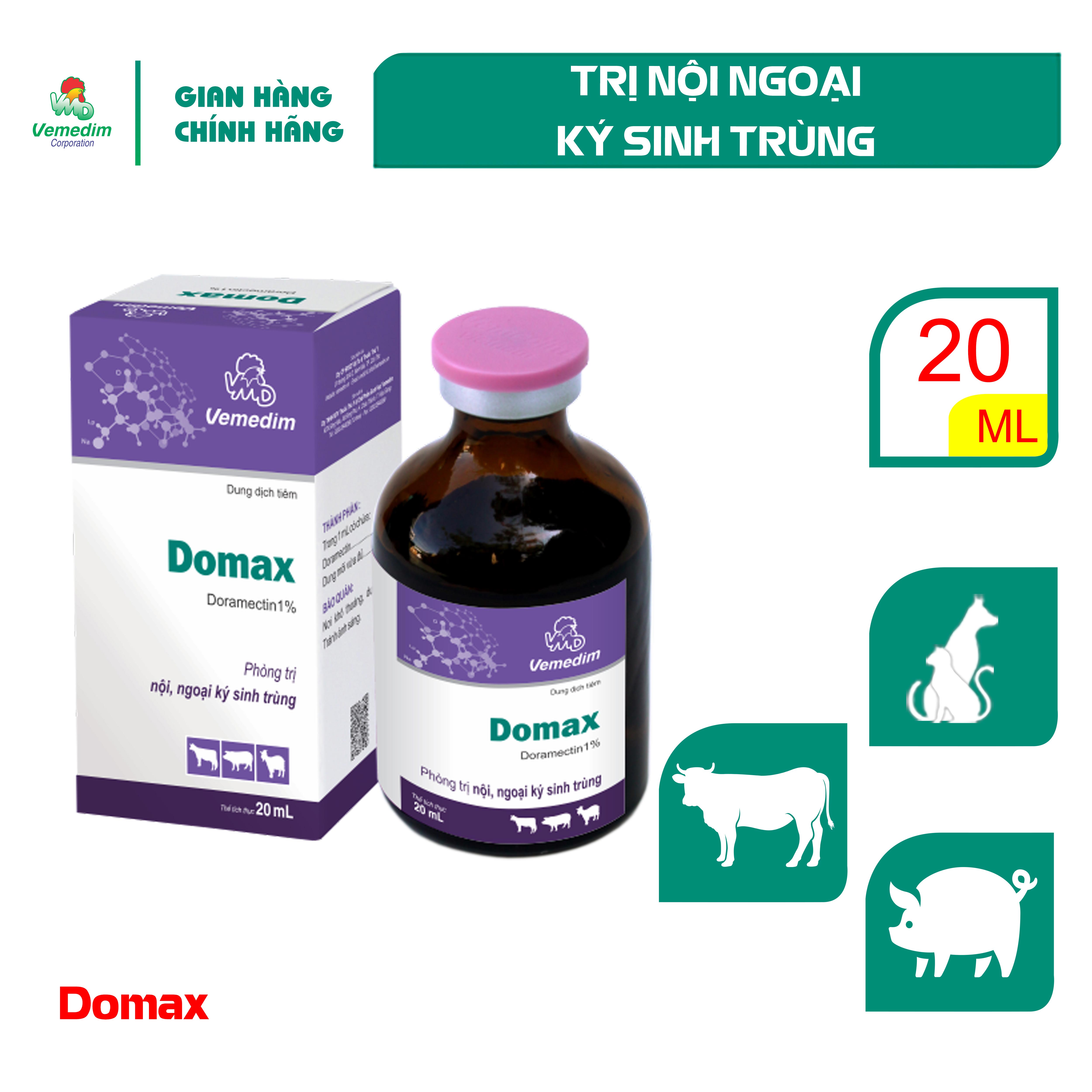 "Hoàn tiền đến 10%" Vemedim  Domax thuốc tiêm phòng giun, rận, ve, viêm da cho gia súc, chai 20ml