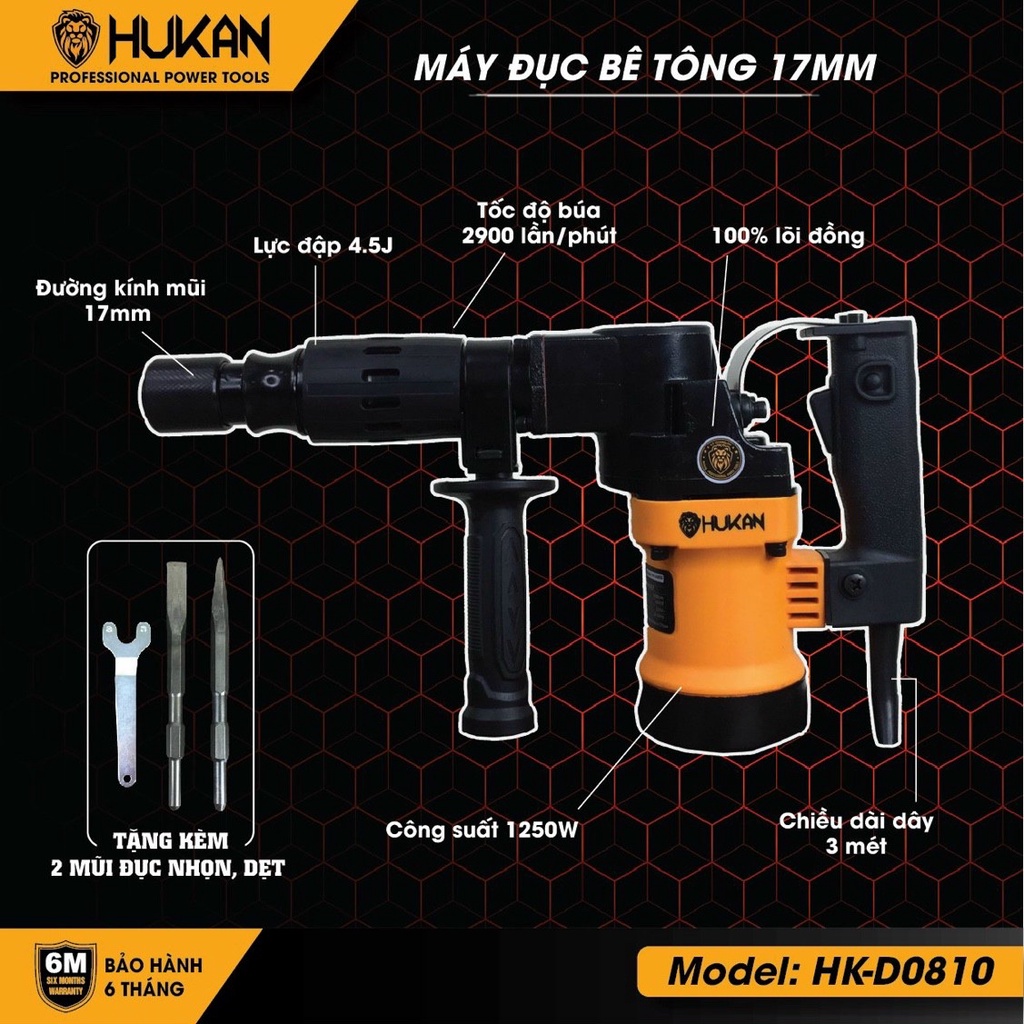 Máy đục bê tông 17 ly hukan hk-0810 1500w tặng kèm 2 mũi đục bảo hành 6 tháng