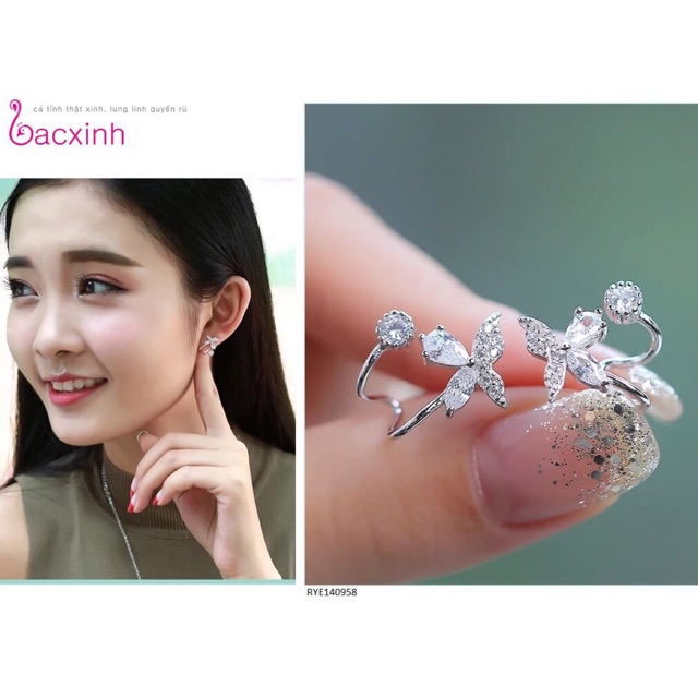 Bông tai nữ bạc ta - khuyên tai hoa bướm kẹp vành tai