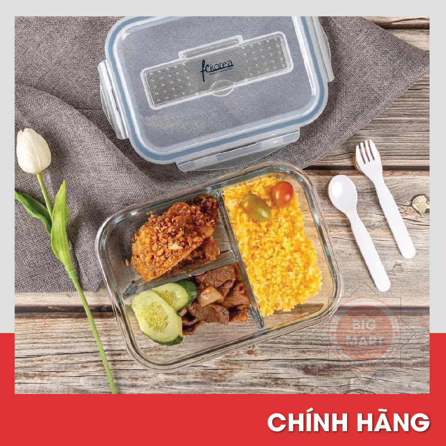 Hộp thủy tinh 3 ngăn FCKOREA FCKN2141 kèm muỗng nĩa, dung tích 1400ML