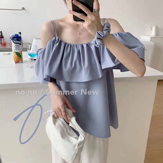 Áo 2 Dây Trễ Vai Bèo Nhún Xếp Ly Ngực [ẢNH THẬT+ TẶNG KÈM SCRUNCHIE]