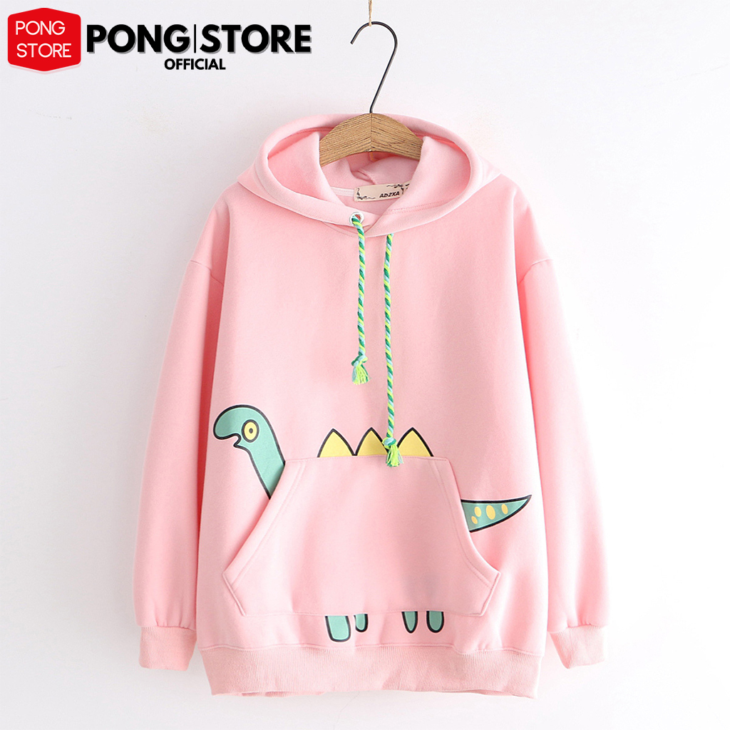 [HCM]Áo hoodie nữ khủng long 3 sừng, áo khoác hoodie nỉ khủng long PONGSTORE có 3 màu trắng hồng xanh đậm