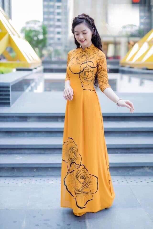 Ao dài truyền thống in hoa hồng cao cấp - KHÔNG KÈM QUẦN