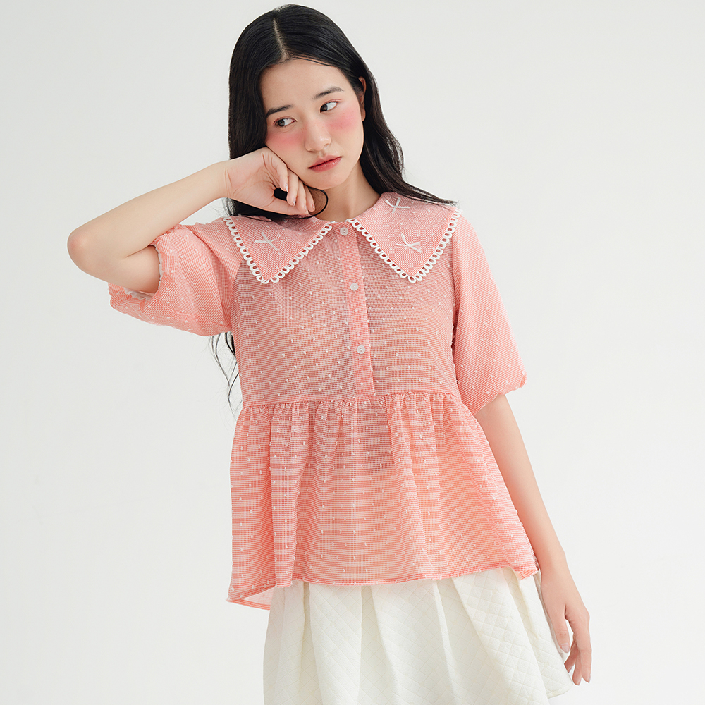 Bleubird áo vải lụa cotton cổ đính nơ cotton candy top