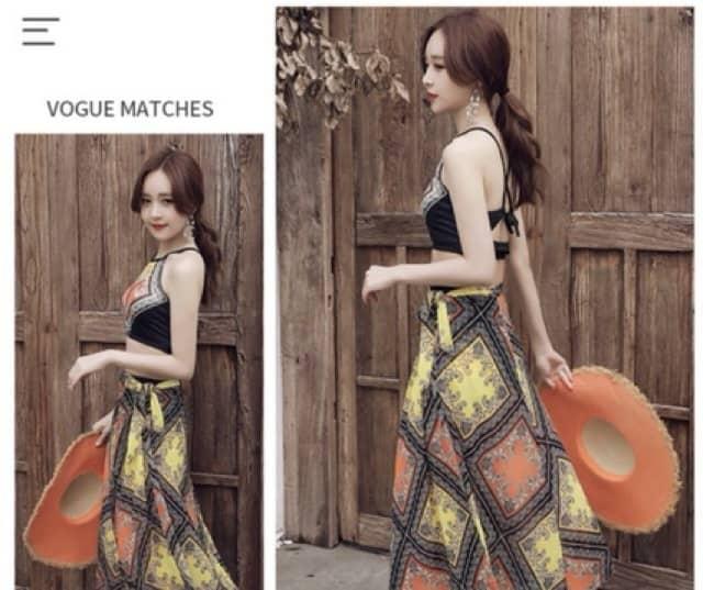 Set 3 món đồ bơi bikini áo tắm thổ cẩm kèm khăn đi biển