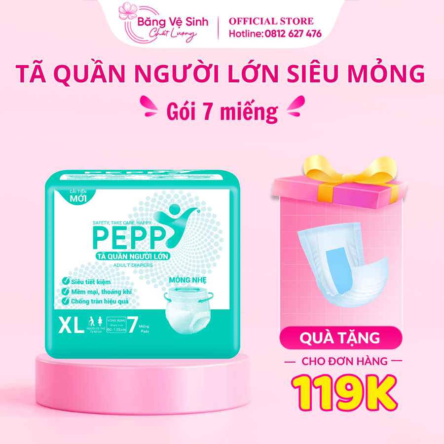 Tã quần người lớn PEPPY siêu mỏng, siêu khô thoáng, size XL 7 miếng
