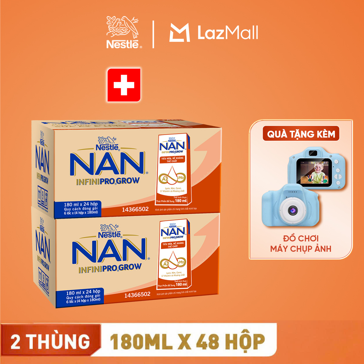 [Tặng máy chụp ảnh] Combo 2 Thùng 24 hộp sữa pha sẵn Nestle NAN INFINIPRO GROW với công thức vượt trội kết hợp sữa A2 và HMO hỗ trợ tiêu hóa, đề kháng và phát triển thể chất (4x180ml)