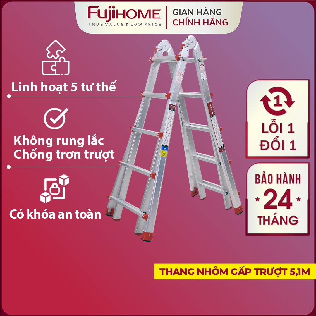 Thang nhôm gấp trượt chữ A 5.1M Nhập Khẩu đa năng chống trượt , thang gấp rút 5 bậc có khóa an toàn 