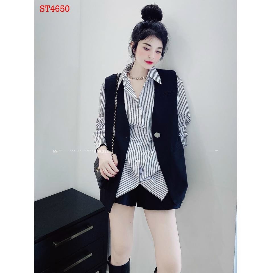 Sét áo sơ mi sọc tay dài kèm áo ghile ngoài mix quần short phong cách hàn quốc trẻ trung, xịn xò thời trang nữ dạo phố