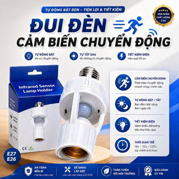 Đui đèn cảm biến chuyển động hồng ngoại tự bật tắt E27, đuôi đèn xoáy cảm ứng chuyển động tiết kiệm điện