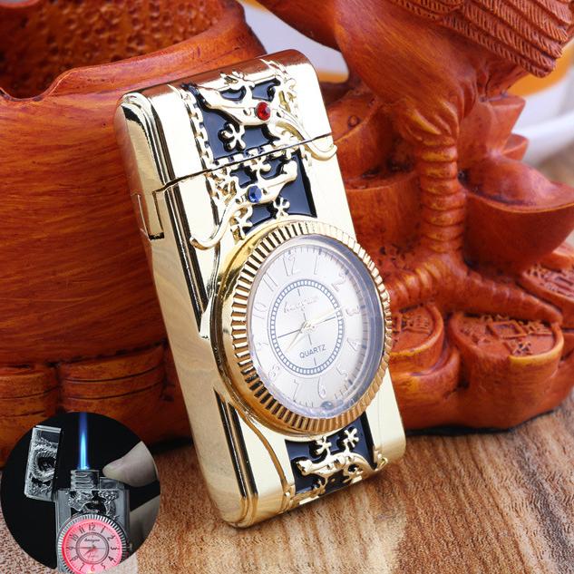 Bật Lửa Gas Khò Kiêm Đồng Hồ Đèn Led 7 Màu Hình Nổi Tắc Kè