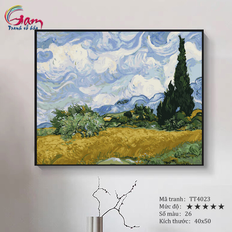Tranh tô màu theo số sơn dầu số hoá Van gogh đồng lúa mì và cây bách TT4023