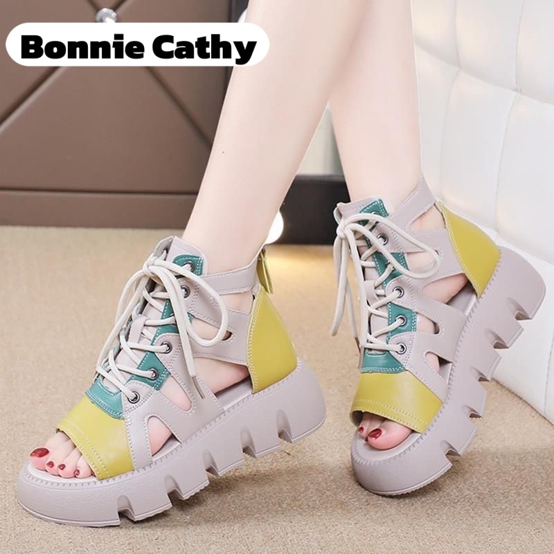 Bonnie Cathy Giày nữ bốt cổ thấp Retro Giày có đế dày ren-up thời trang Dép rỗng dép nữ đế cao 4 phân sandal đi học giày sandal nữ đẹp