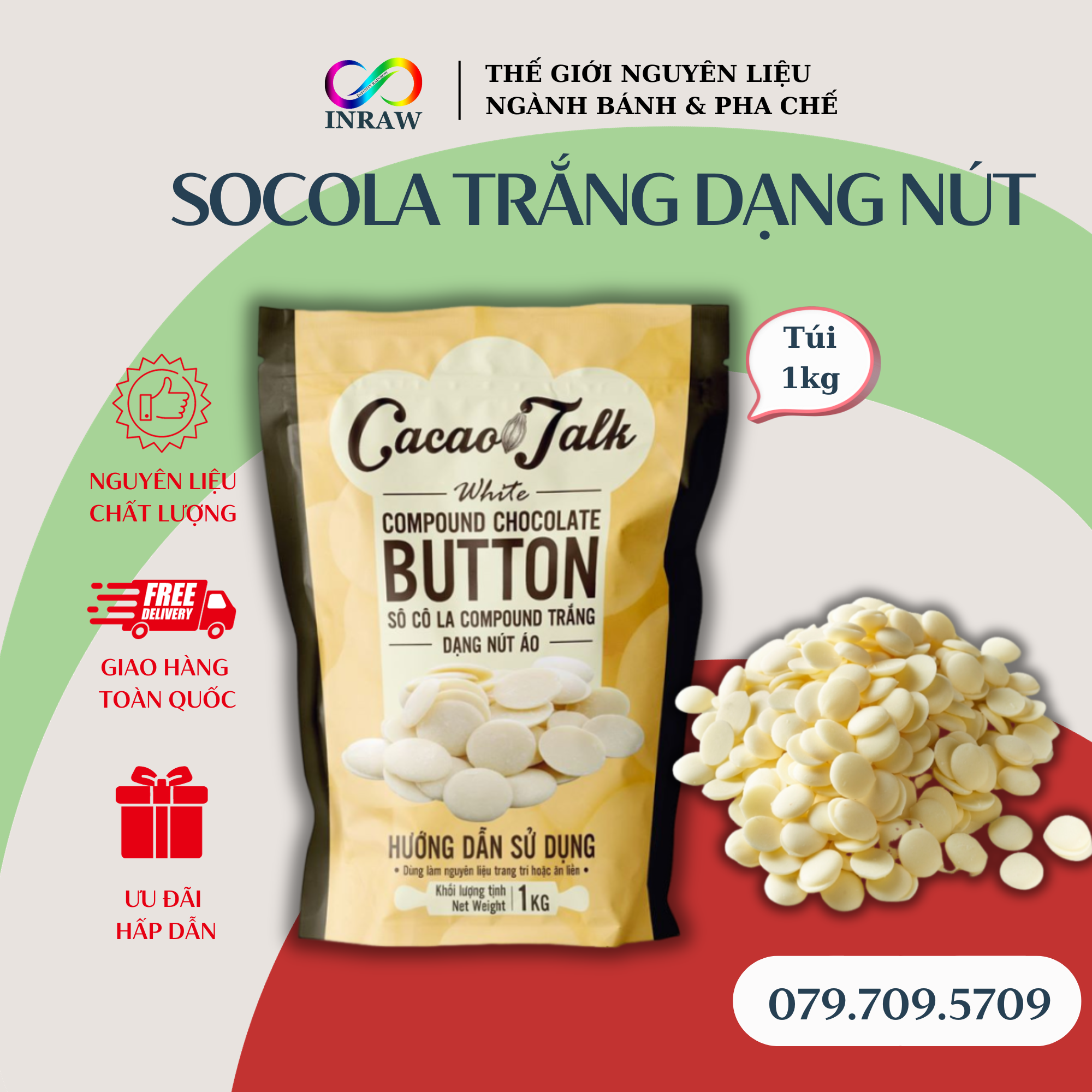  Socola Trắng Compound Dạng Nút Cacao Talk  Túi 1kg  