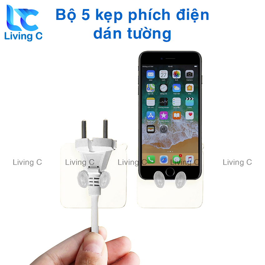 Bộ 5 móc dán tường treo đồ đa năng Living C B25 nẹp dây điện dán tường treo điện thoại phích cắm cục sạc đa năng