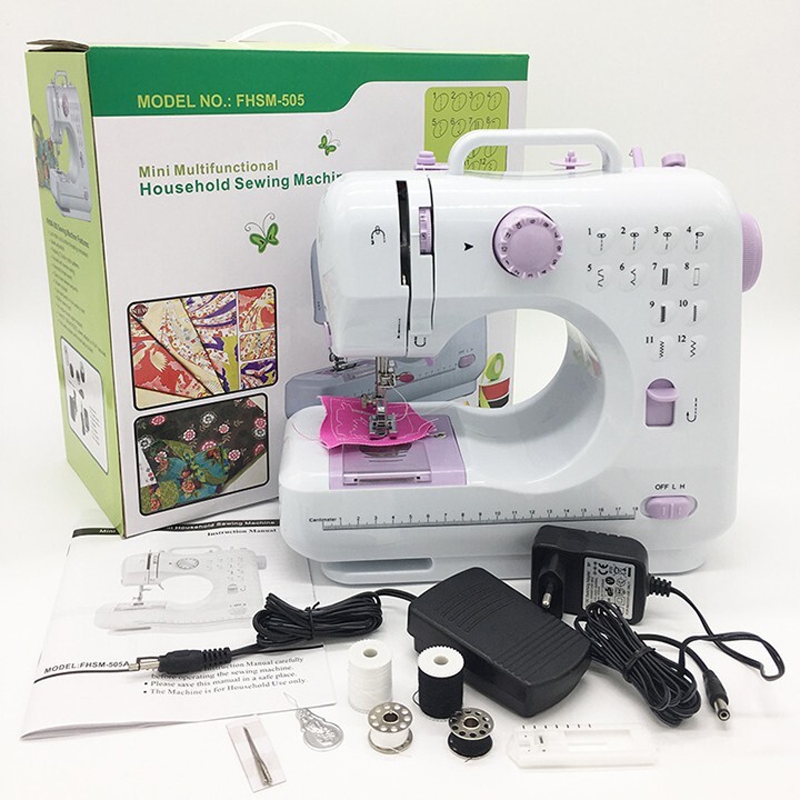 Máy khâu gia đình có vắt sổ, máy may mini gia đình may tự động 12 đường may, may được vải thun kèm chân vịt, có đèn, dùng pin khi mất điện