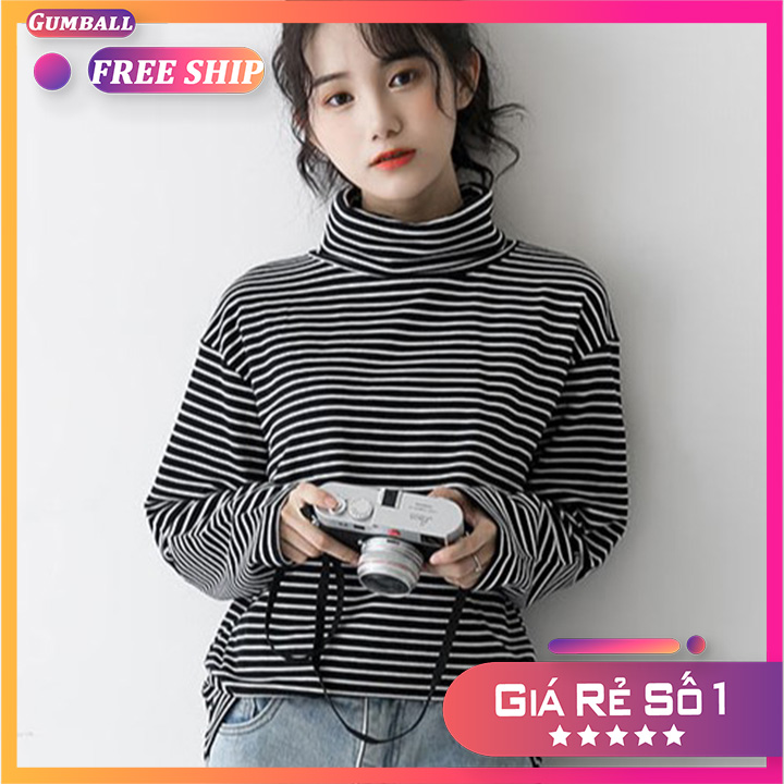 Áo Thun Tay Dài Nữ Áo Phông Tay Dài Nữ Sọc Đen Trắng Form Rộng, Chất Vải Thun Cotton Dày Dặn Phong Cách Hàn Quốc