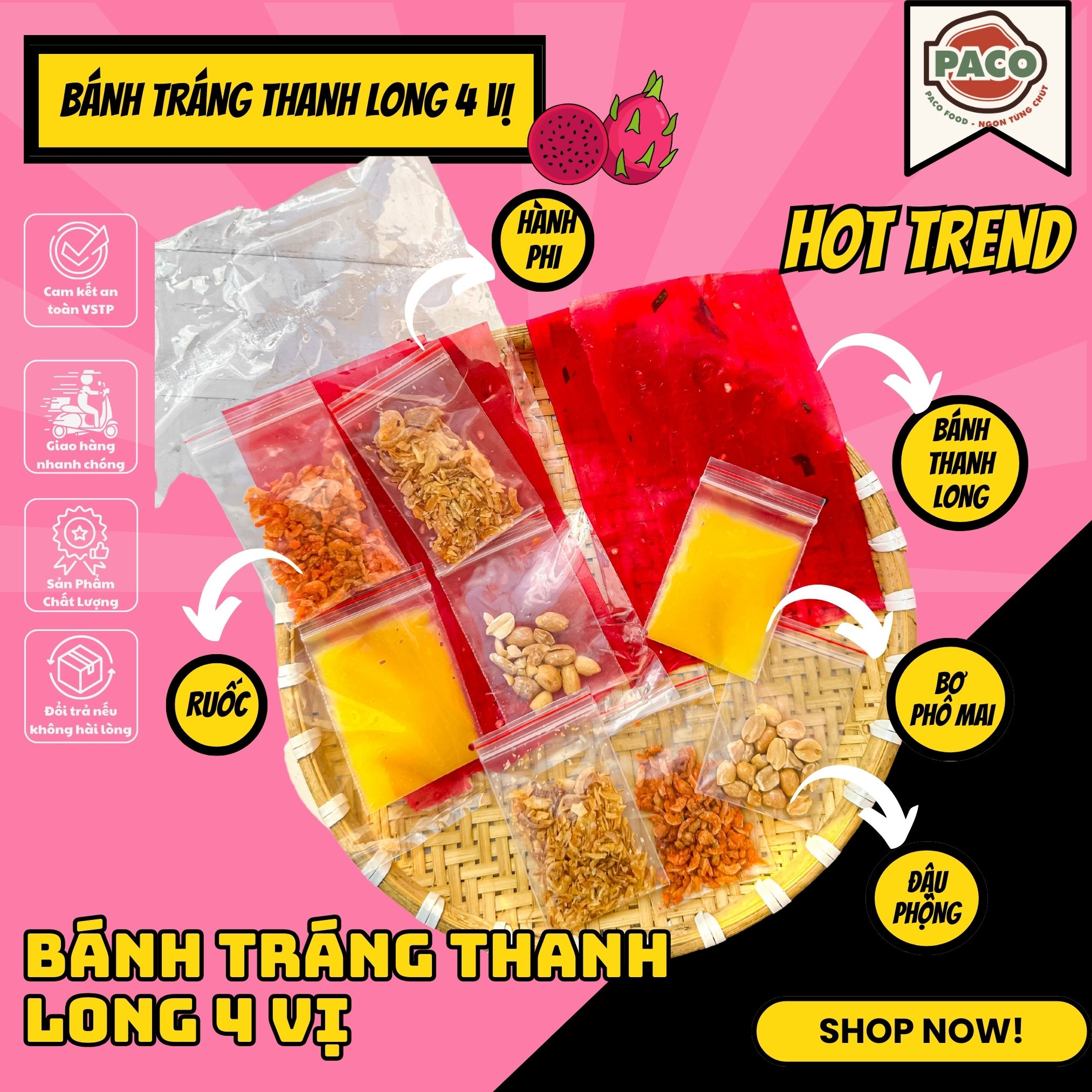 Bánh tráng thanh long bơ phô mai 4 vị Paco Food bánh tráng siêu ngon béo ăn là ghiền