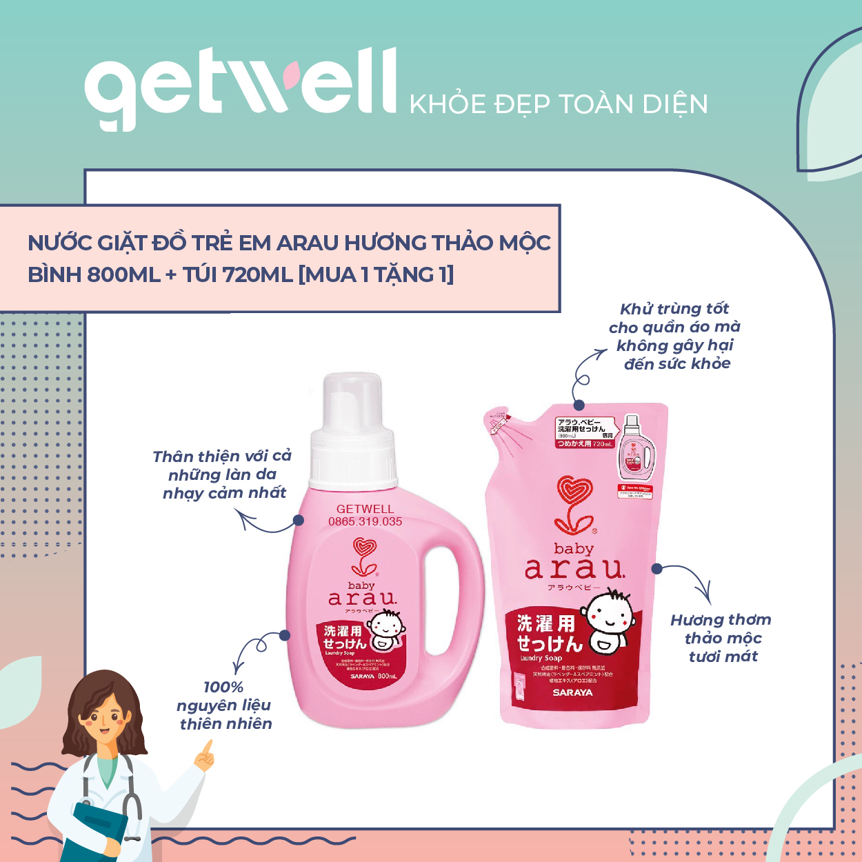 [HCM]COMBO NƯỚC GIẶT ĐỒ TRẺ EM ARAU BABY BÌNH 800ML + TÚI 720ML