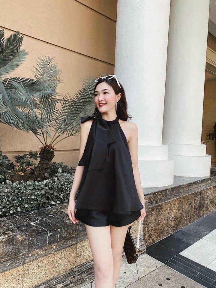 Sét bộ nữ, áo yếm kèm quần đùi thắt nơ cổ xinh xắn