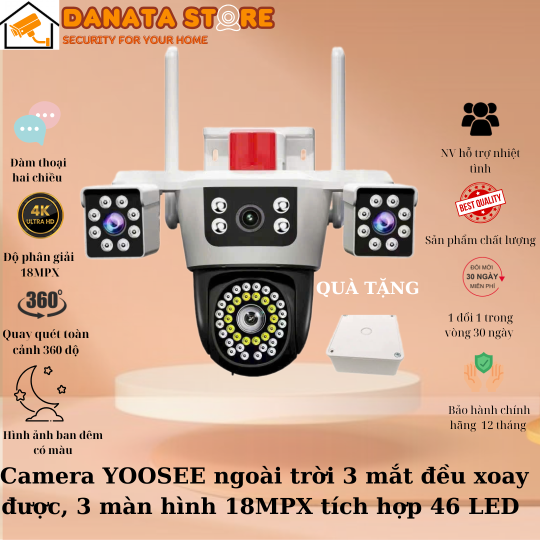 (Lỗi 1 đổi 1) Camera YOOSEE ngoài trời 4 mắt (xoay được 3 mắt), 3 màn hình độ phân giải 18MPX tích hợp 46 LED siêu nét có tiếng việt