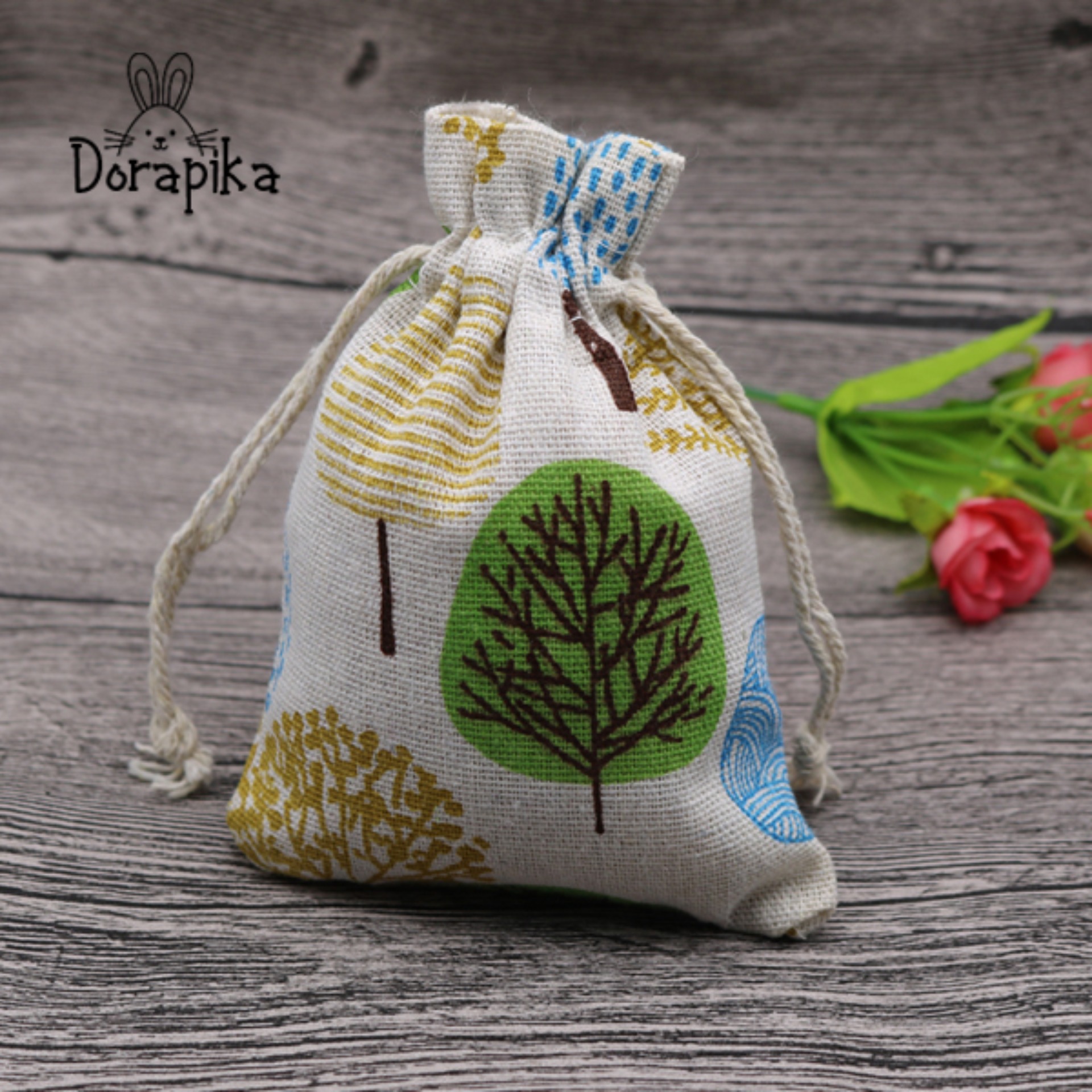 [HCM]10x14cm Túi vải nhỏ size mini có dây rút họa tiết vintage retro lá cây trang trí nhà cửa - dorapika