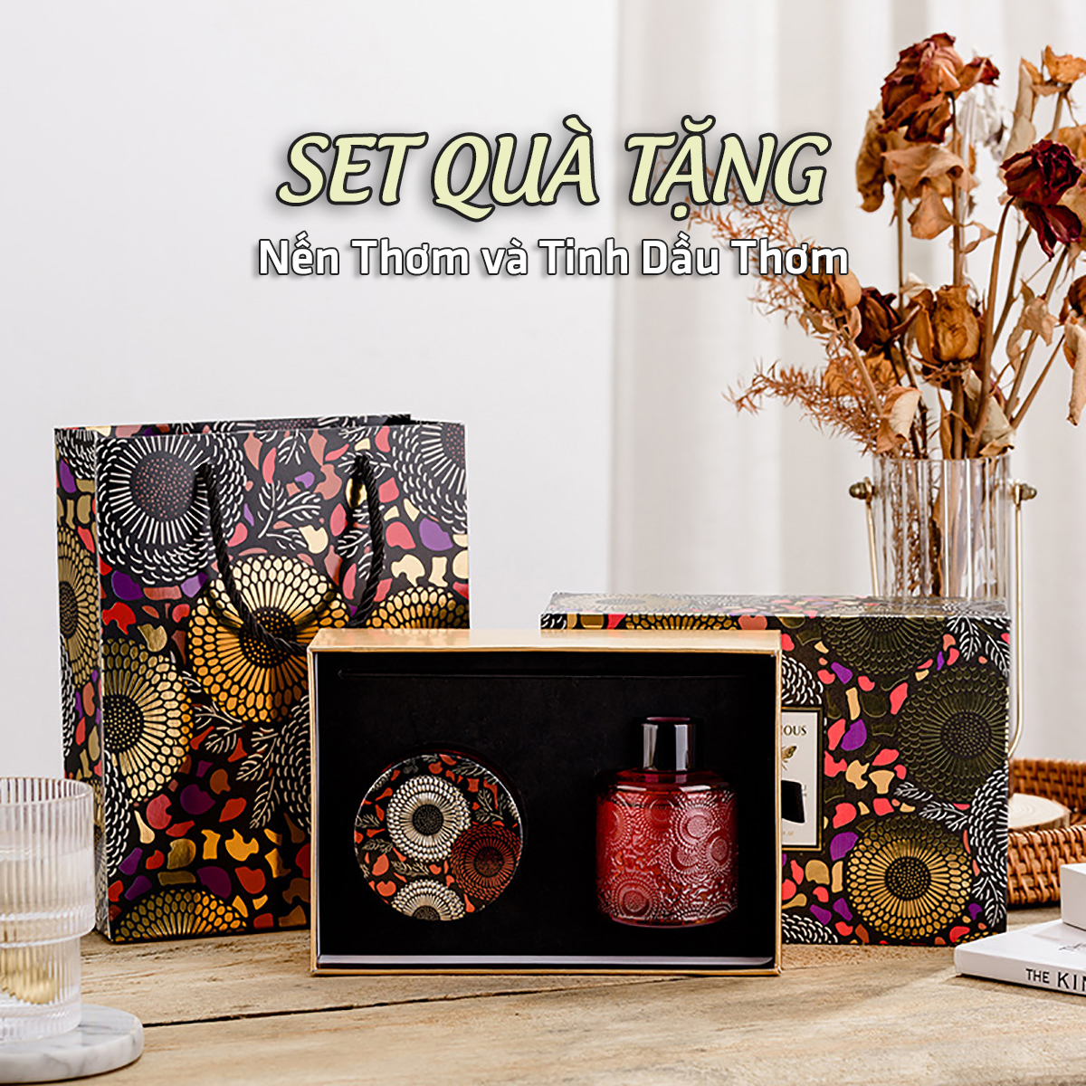 Set quà tặng luxury - nến thơm và tinh dầu thơm - hoạ tiết vân nổi sang trọng, tặng sinh nhật tốt nghiệp khai trương