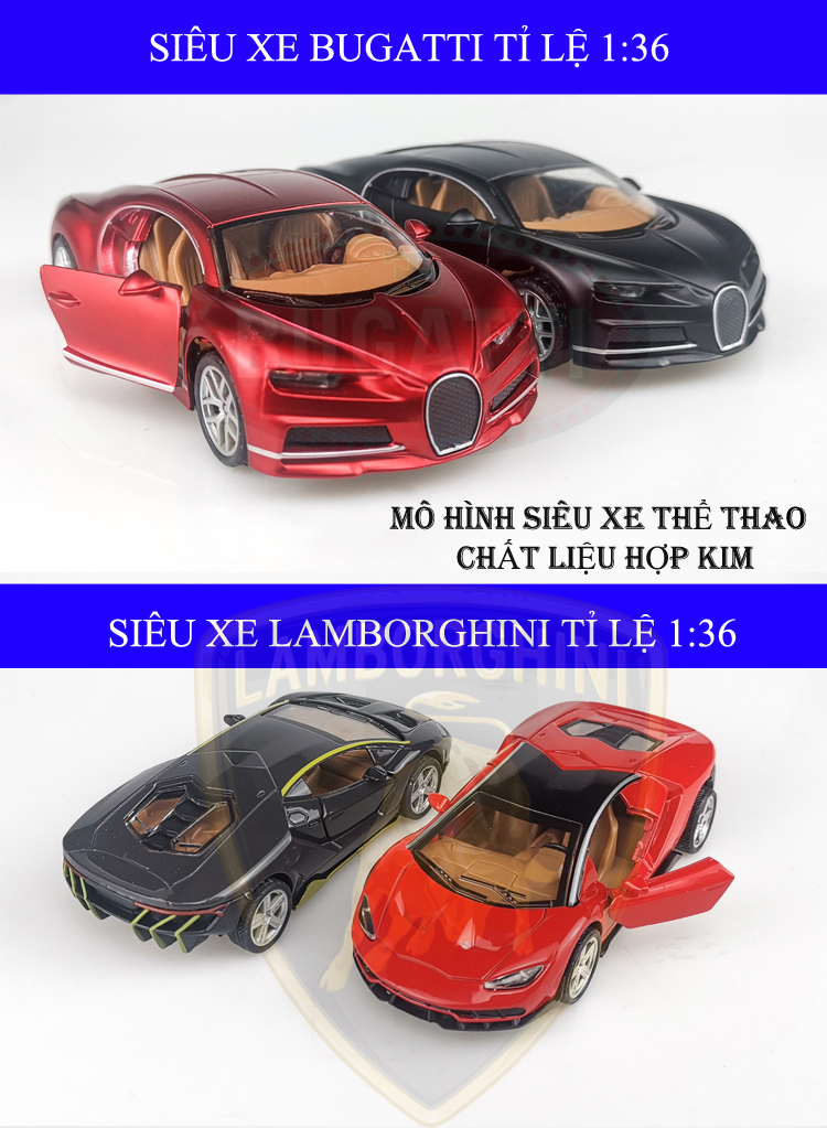 Mô hình bộ đôi siêu xe thể thao (Bugatti vs Lamborghini) bóng bẩy, chất liệu hợp kim bền đẹp tỉ lệ 1:36.