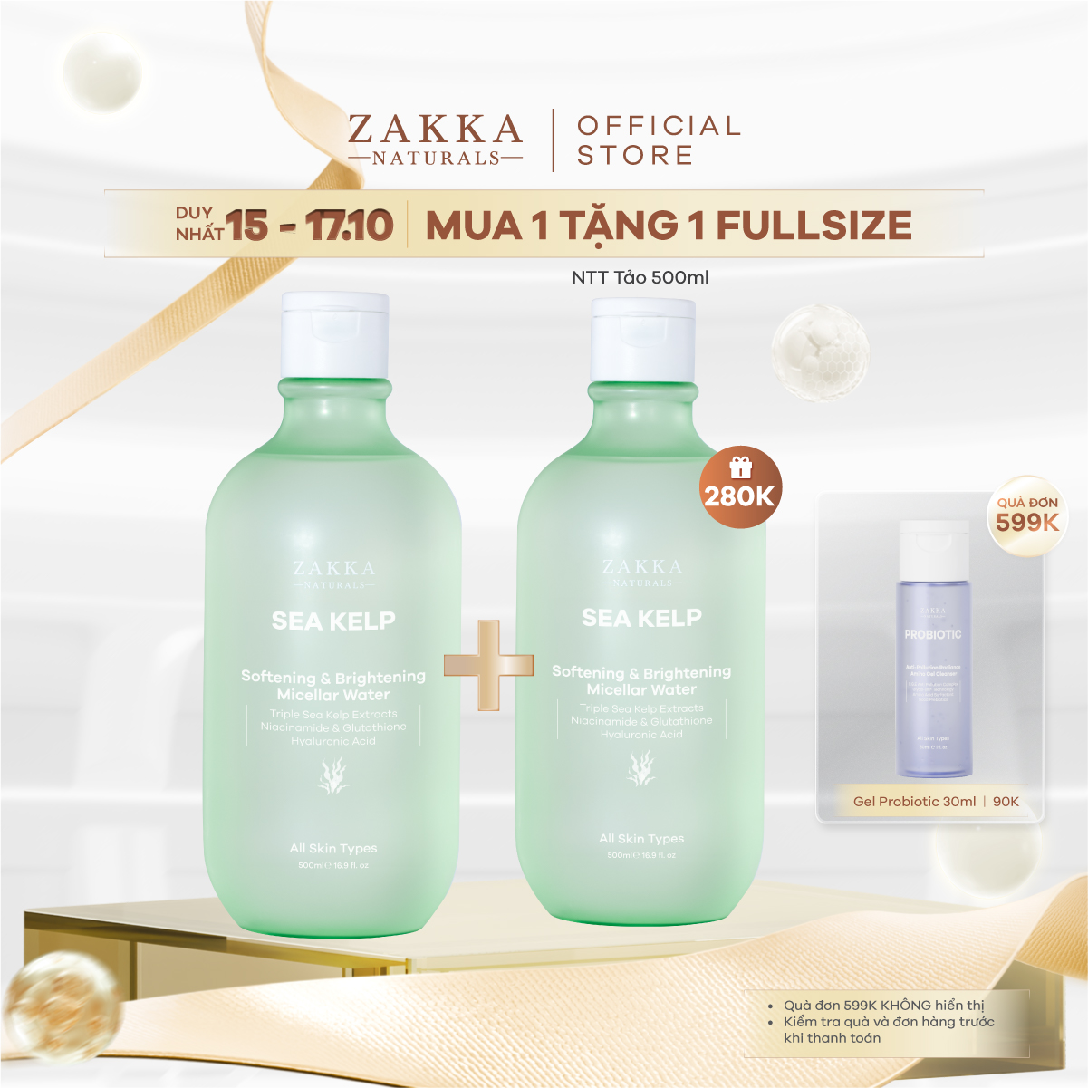 Nước Tẩy Trang Tảo Biển Zakka Naturals Sạch Mềm Mịn Và Hỗ Trợ Sáng Da 500ml