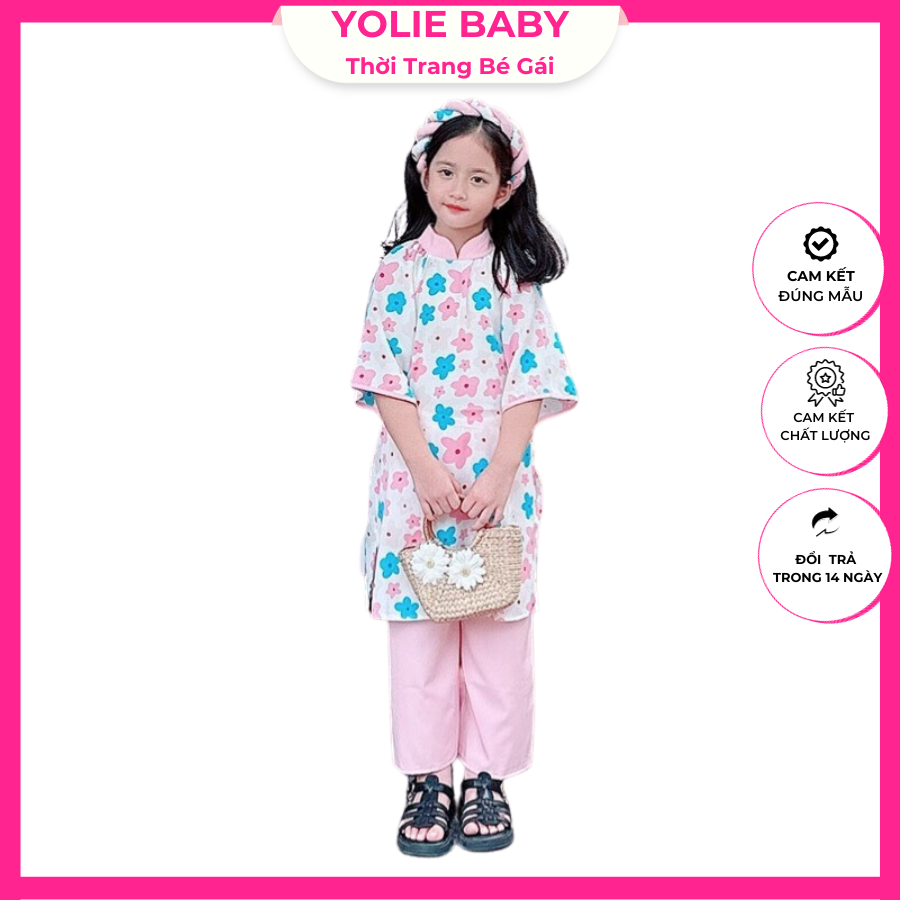 Áo dài hoa đào lụa mango mềm mại kèm tặng mấn tết cho mẹ bé gái 4kg đến 28kg