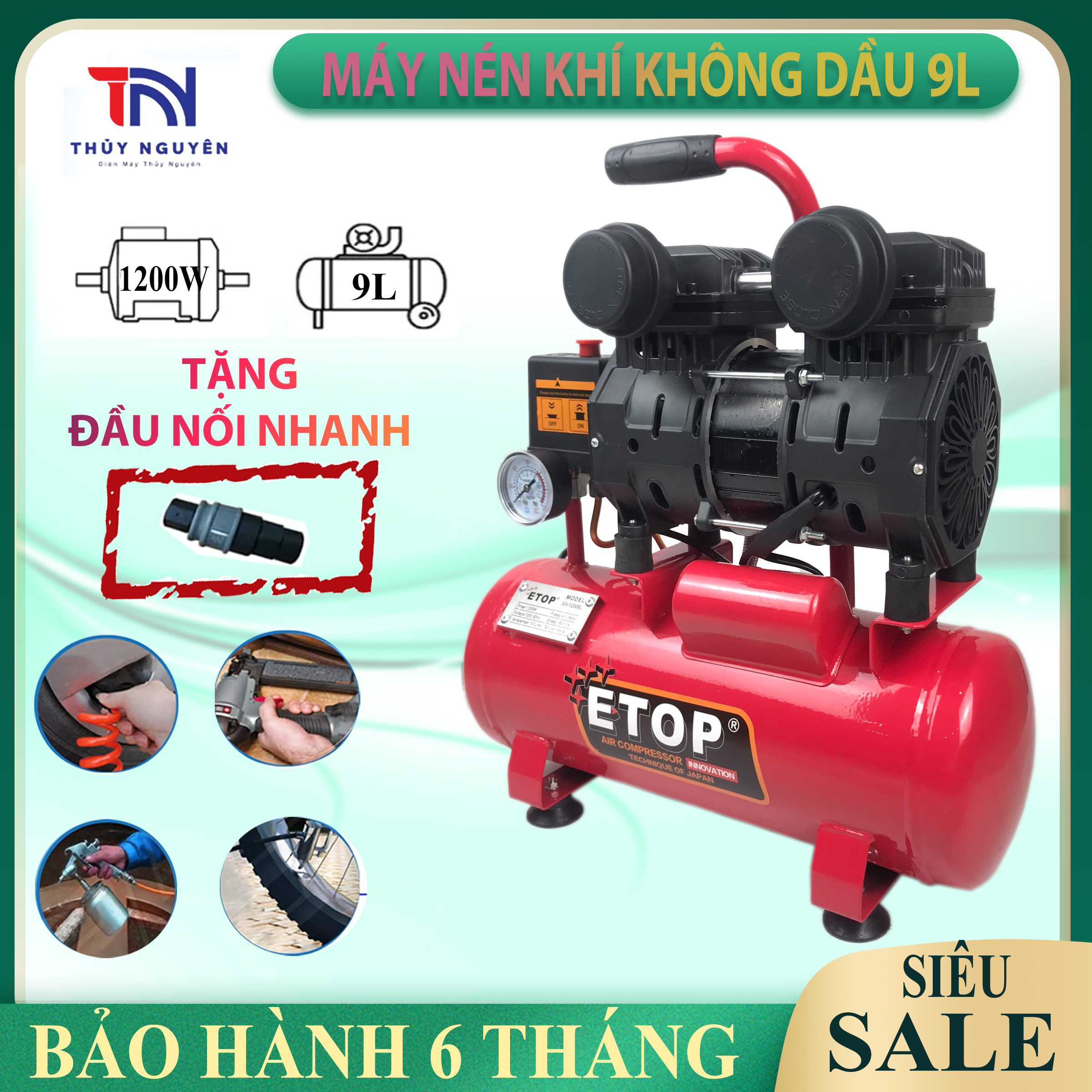 Máy nén khí không dầu 9l công suất cao 1200W nhỏ gọn, nén 8kg hơi , nạp khí siêu nhanh, Bình hơi mini nén khí không dầu