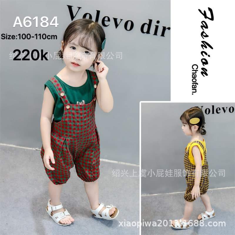 Sét yếm bé gái áo thun xanh lá + quần yếm sọc