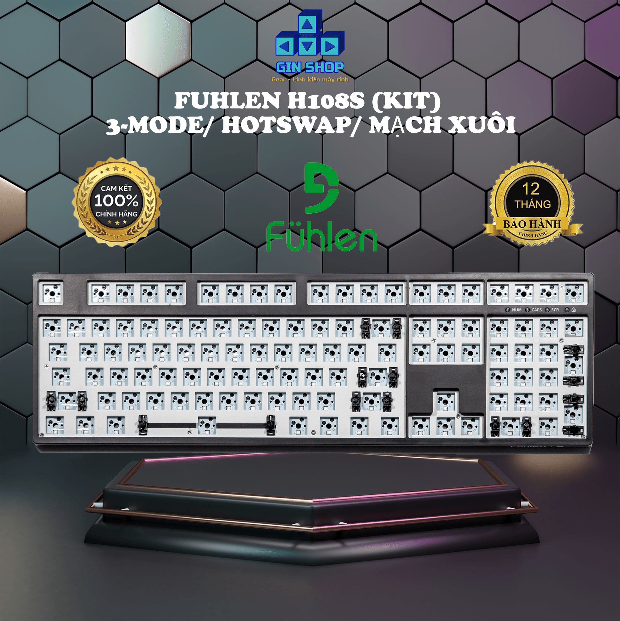 Kit bàn phím cơ fuhlen h108s 3-mode/ hotswap/ mạch xuôi