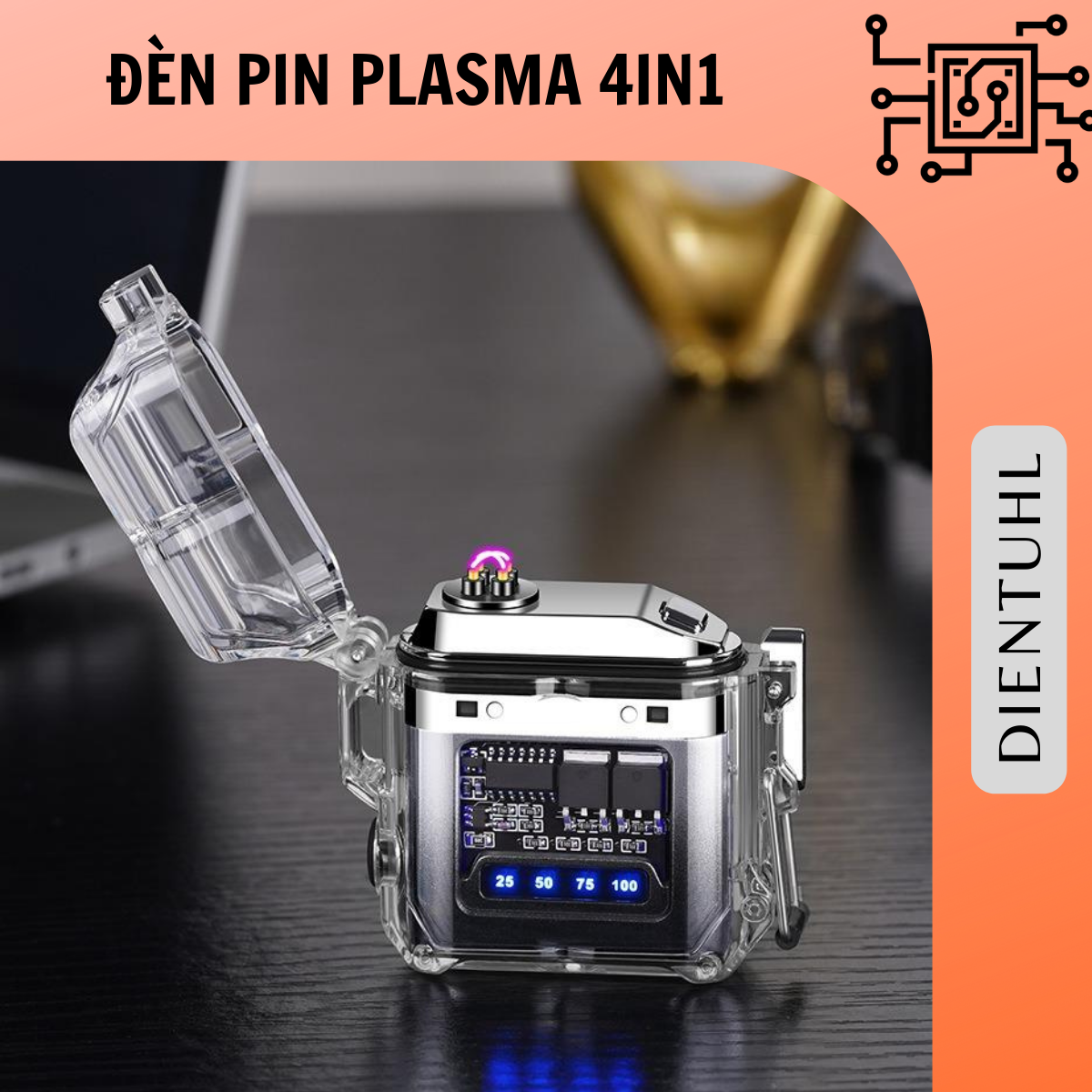 Hộp quẹt điện tử trong suốt tạo tia lửa plasma 4 tia, chống nước tích hợp màn hình quản lý