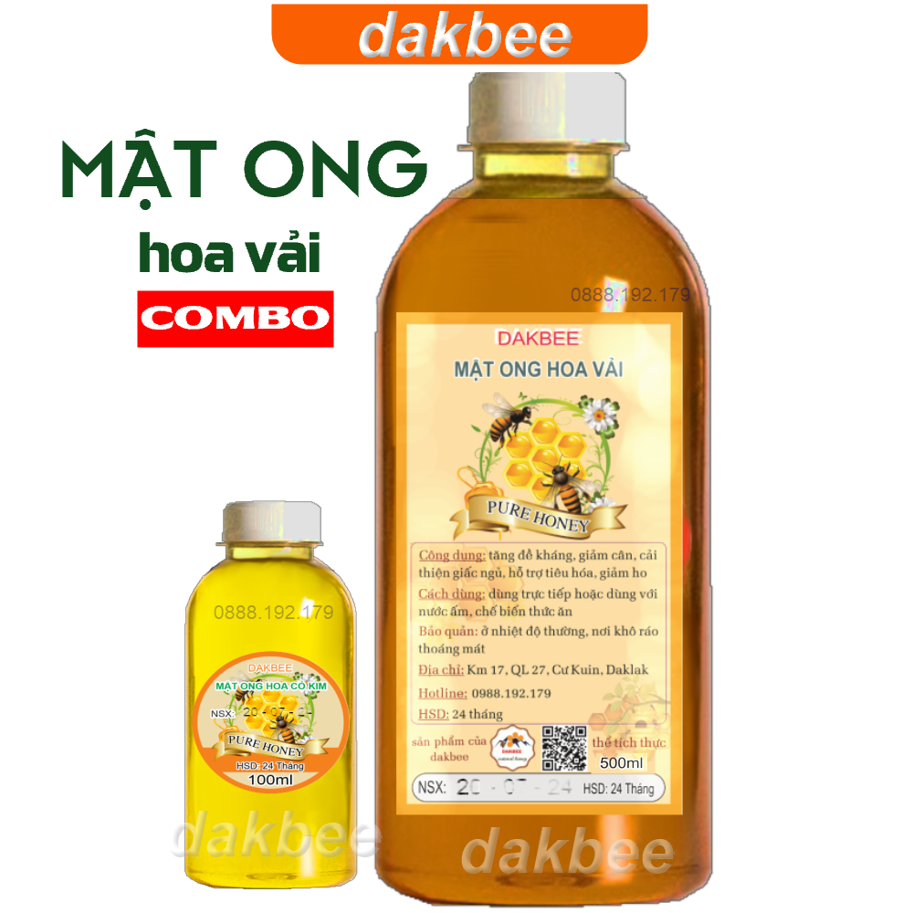 [COMBO] 650g Mật ong rừng hoa vải & 170g Mật ong hoa cỏ kim nguyên chất - tăng cường hệ miễn dịch, sức đề kháng cho cơ thể - dakbee