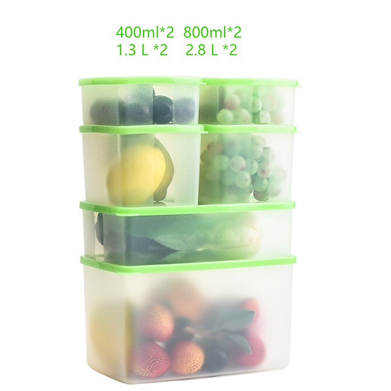 { Hàng Chính Hãng Có Sẵn} Bộ 6 Hộp Đựng Rau Củ Ngăn Mát Tủ Lạnh Nắp Màu Xanh Lá TUPPERWARE, 2.8L, 1.3L, 800Ml, 400Ml.