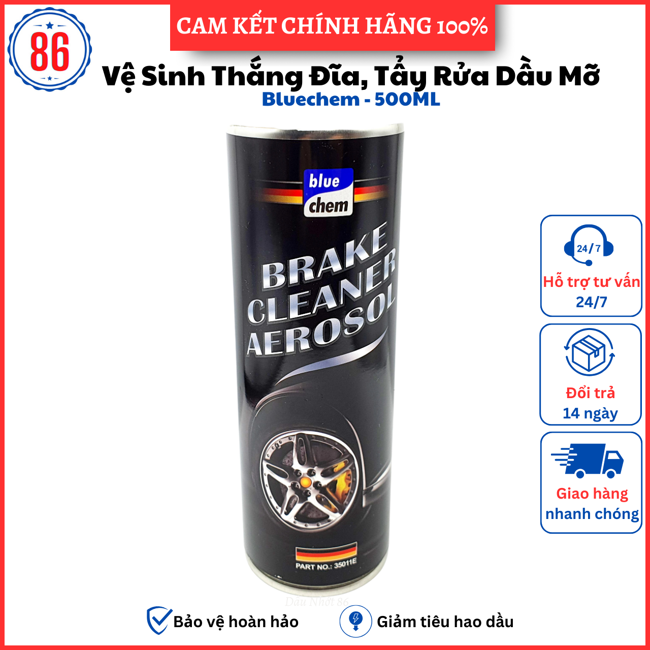 Bluechem vệ sinh thắng đĩa,tẩy dầu mỡ Brake Cleaner 500ML- Sản xuất tại Đức