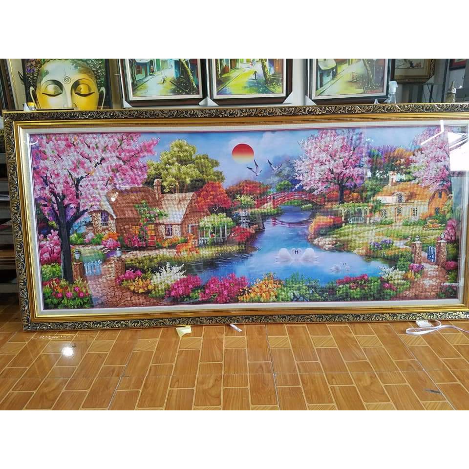 Lv3007-tranh thêu hồ thiên nga-84x43cm
