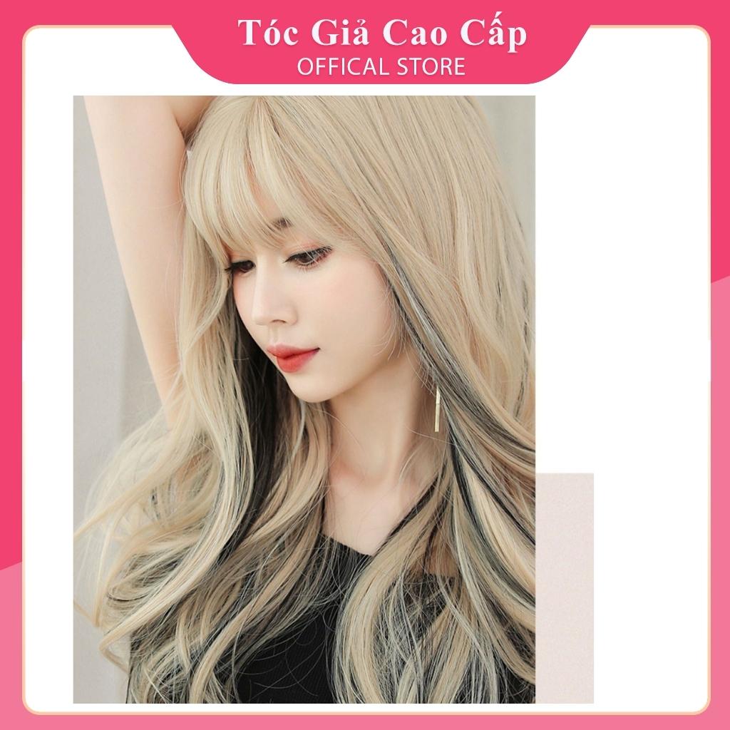 Tóc giả nữ nguyên đầu xoăn bạch kim phối line đen, BHT021