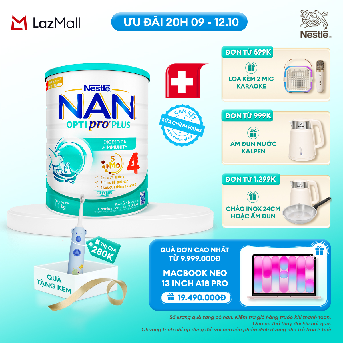 [CHỈ 20h 9-12.10 QT ĐƠN 599K/999K/1299K] [Tặng bàn chải điện] Sữa bột Nestlé NAN OPTIPRO PLUS 4 1500g/lon với 5HMO Giúp tiêu hóa tốt