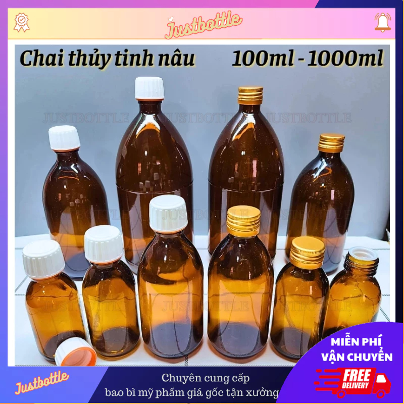 Chai Thủy Tinh Nâu 100Ml 125Ml 250Ml 500Ml 1000Ml 1L Lọ Thũy Tinh Đựng Bảo Quản Tinh Dầu/Dung Dịch/Hóa Chát Dày - Nặng