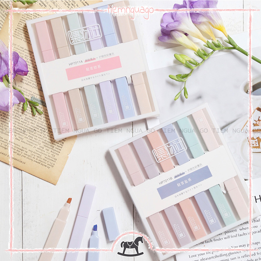 Hộp 6 Bút Highlight Pastel Cream thân vuông - Tiệm Ngựa Gỗ